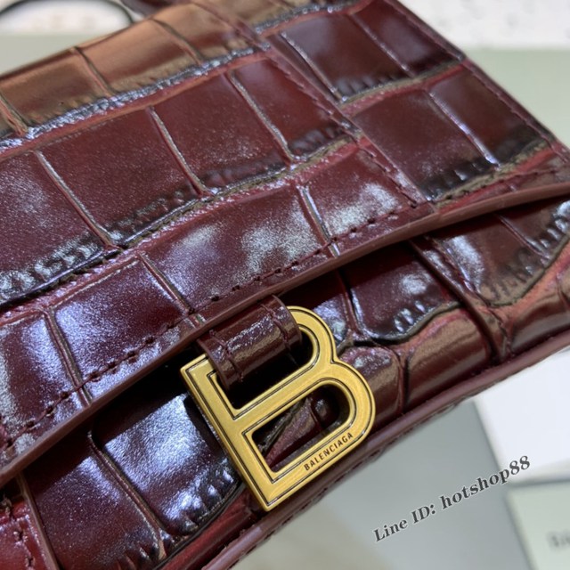 Balenciaga專櫃爆款手提女包 巴黎世家鱷魚紋牛皮棗紅色mini Hourglass沙漏包 fyj1016